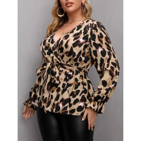 Plus Size 1XL-5XL New Women Fashion V-neck Long Sleeve Blouse Shirt Ladies Loose Casual Leopard Print Tops - Chrissy's Eye