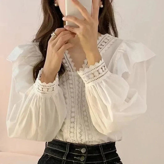 V-neck Ruffles Puff Sleeve Women Blouse Long Sleeve Tops Long Sleeve White Shirts Fashion Casual Office Lady Elegant Clothing - Chrissy's Eye