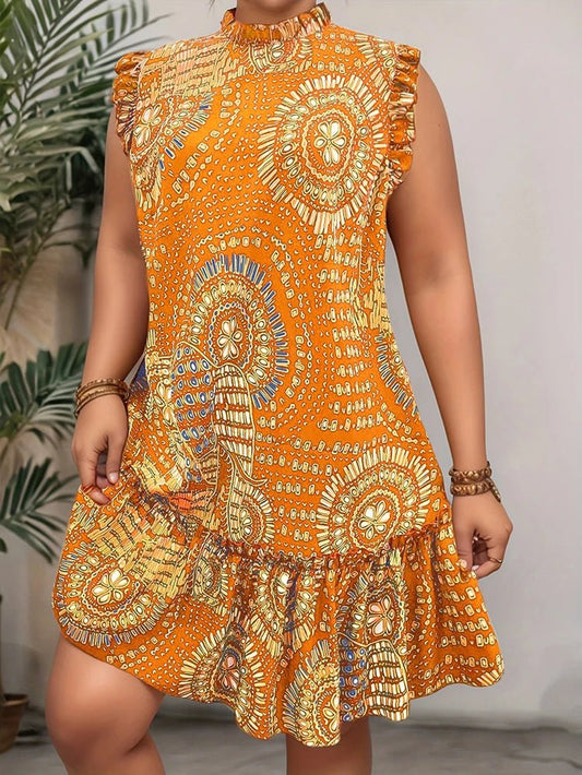 Plus Size 2025 Summer New Women's Elegant Slim Fit Short Sleeve Dress - Black gold and red paisley print ruched hem Round Neck - Chrissy's Eye