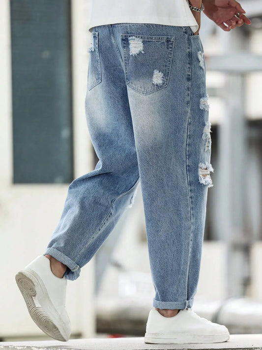 Men's Blue Ripped Denim Harem Pants for Spring and Autumn. Street Fashion. Casual Trend 。 - Chrissy's Eye