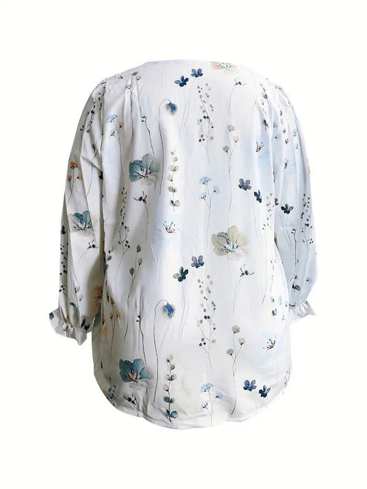 Plus Size 1XL-5XL Women V-neck Long Sleeved Hollow Out Floral Print T-shirt Top Ladies Casual Fashionable Shirt - Chrissy's Eye