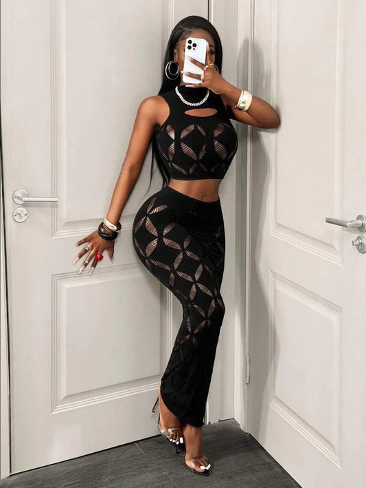 FHSEER 2PCS Women's Sexy Set Plus Size Black Mesh Hollow Out Crop Tank & High Waist Bodycon Mini Skirt Lace Stretechy Clubwear - Chrissy's Eye