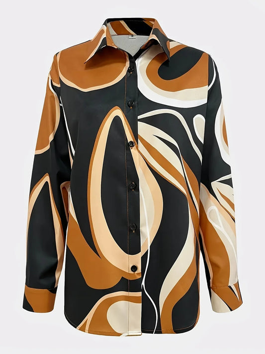 Plus Size Women's Spring Fall Print Long Sleeve Button-Up Shirt Ladies Casual Geometric Pattern Top T-shirt - Chrissy's Eye