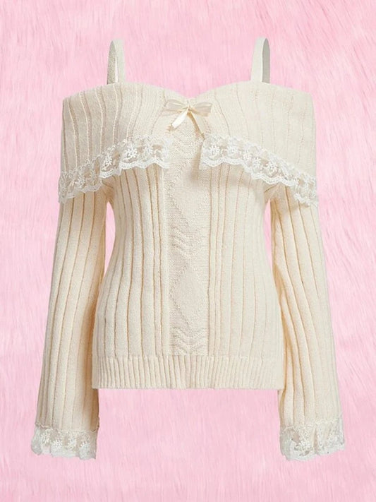 Women Long Sleeve Contrast Lace Knit Pullovers Cold Shoulder Sweaters, Beige/Pink - Chrissy's Eye