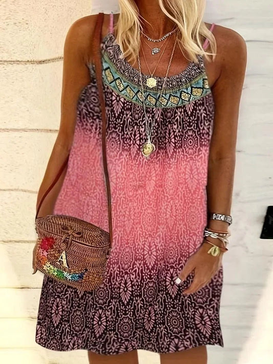 Summer Fashion Women's Plus Size 1XL-6XL Ladies Vintage Printed Casual Beach Dress Spaghetti Strap Loose Dress Boho Dress Robe - Chrissy's Eye