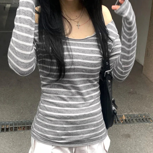 Spring Fall Women's New Japanese Basic Models Slim Long-Sleeved Striped t-Shirt Strapless Korean Street Style y2k Thin Tops - Chrissy's Eye