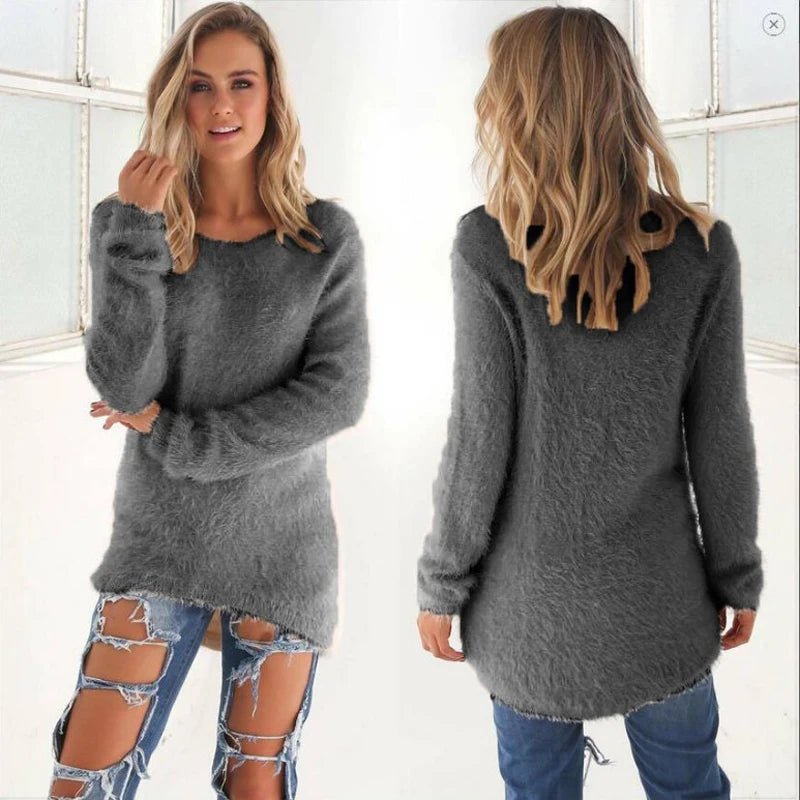 Women's Warm Sweaters Solid Color O Neck Loose Knitted Pullover Long Sweater Casual Blouse Lady Hipster Comfortable Clothing - Chrissy's Eye