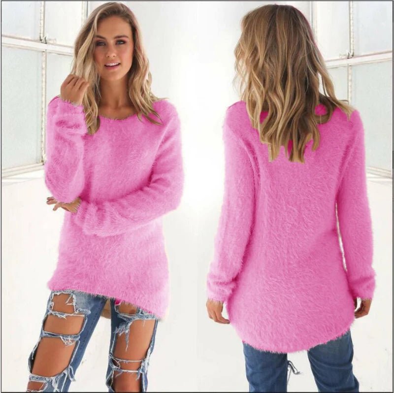 Women's Warm Sweaters Solid Color O Neck Loose Knitted Pullover Long Sweater Casual Blouse Lady Hipster Comfortable Clothing - Chrissy's Eye