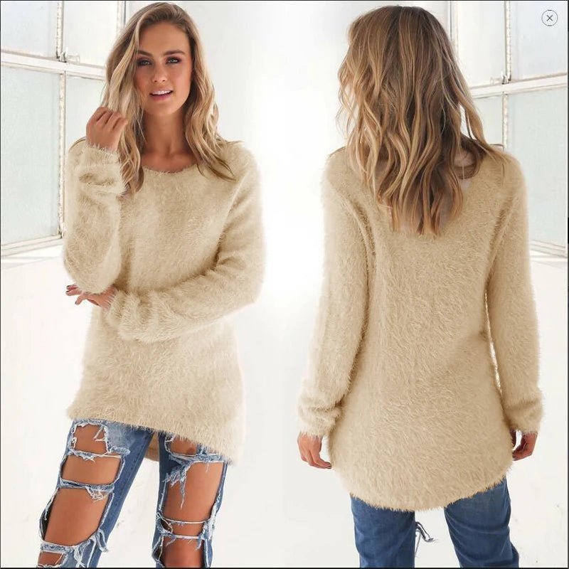 Women's Warm Sweaters Solid Color O Neck Loose Knitted Pullover Long Sweater Casual Blouse Lady Hipster Comfortable Clothing - Chrissy's Eye