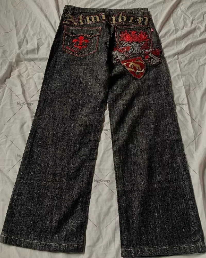 Vintage Low Waist Hip Hop Cherry Blossom Embroidered Jeans Wide Leg Trousers Y2K Clothes Mens Womes Embroidered Baggy Jeans - Chrissy's Eye