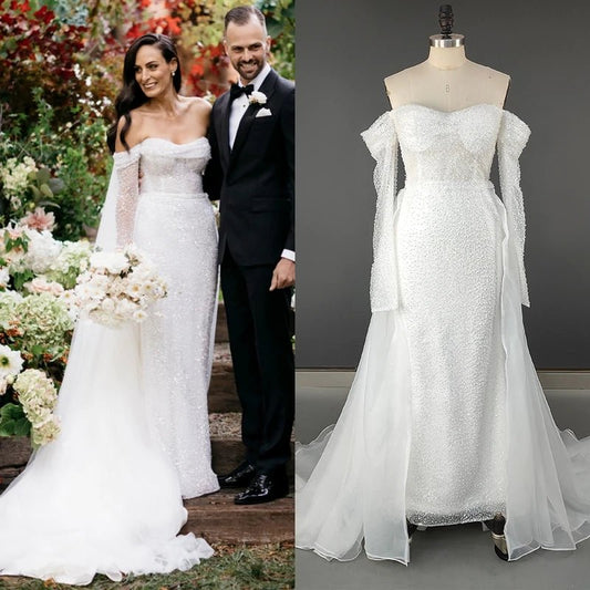 8790 Real Photos Exquisite Shiny Sequined Off Shoulder Detachable Train Wedding Dress Mermaid Bridal Gown With Long Sleeves - Chrissy's Eye