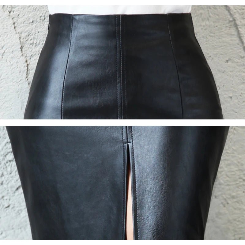 Women PU Leather Midi Skirt Autumn Winter Ladies Package Hip Front or Back Slit Pencil Skirt - Chrissy's Eye