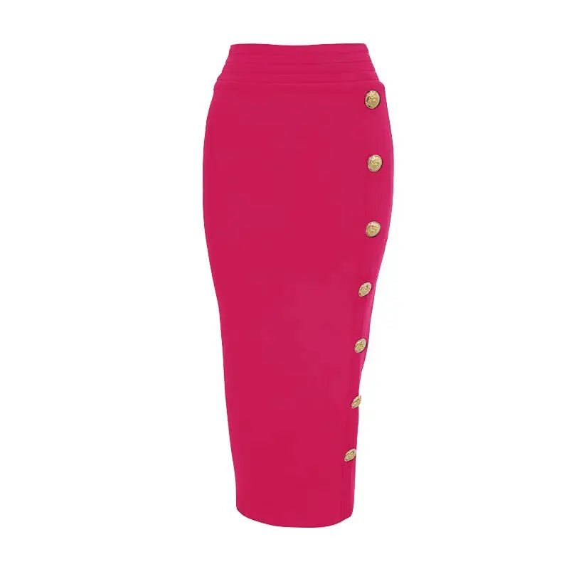 Spring New Women Bandage Skirts Elegant High Waist Midi Calf Gold Buttons Pencil Skirt High Street Office Lady Formal Clothing - Chrissy's Eye