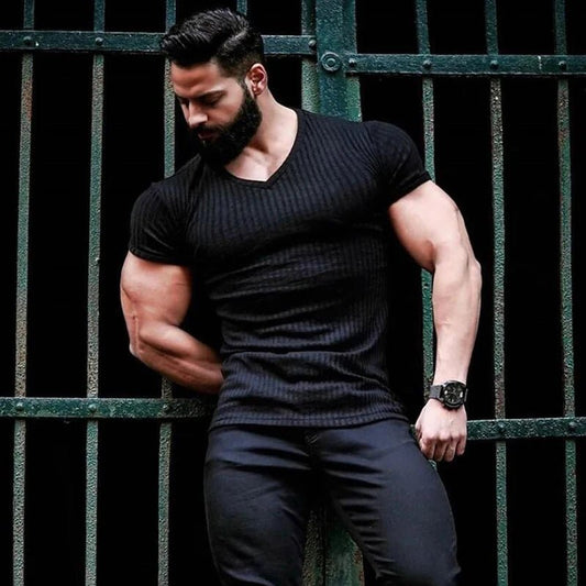 Men V Neck Short Sleeve T Shirt Fitness Slim Fit Sports Strips T-shirt Male Solid Fashion Tees Tops Summer Knitted Gym Clothing - Chrissy's Eye