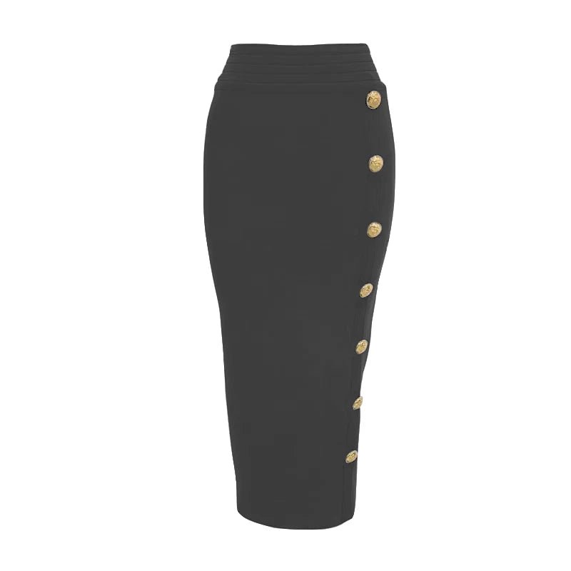 Spring New Women Bandage Skirts Elegant High Waist Midi Calf Gold Buttons Pencil Skirt High Street Office Lady Formal Clothing - Chrissy's Eye