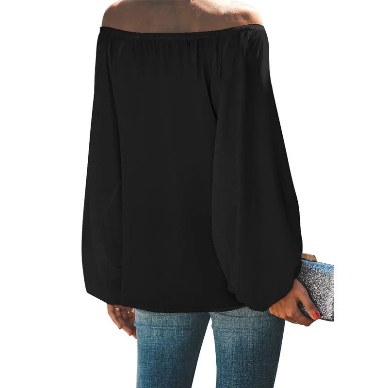 2024 off-shoulder tops for women autumn new one-shoulder solid color lantern sleeves loose long-sleeved T-shirt - Chrissy's Eye