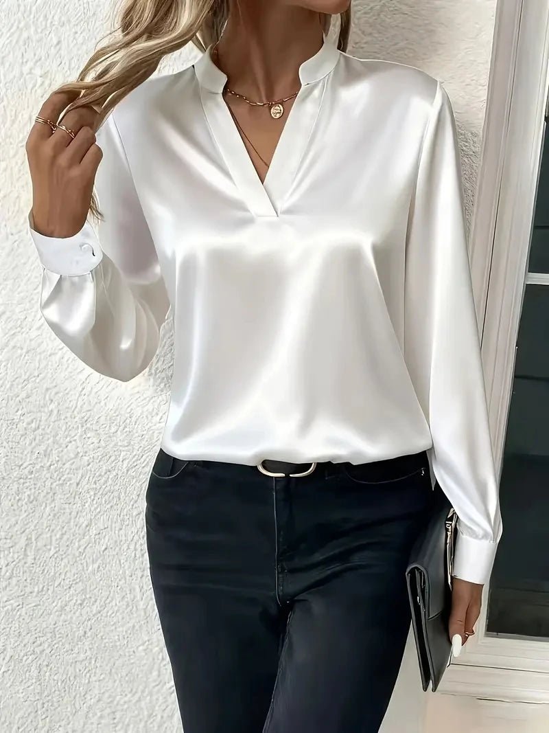 Elegant Long Sleeve V-Neck Silk-Like Top for Women, Perfect for Office & Evening Wear - Chrissy's Eye