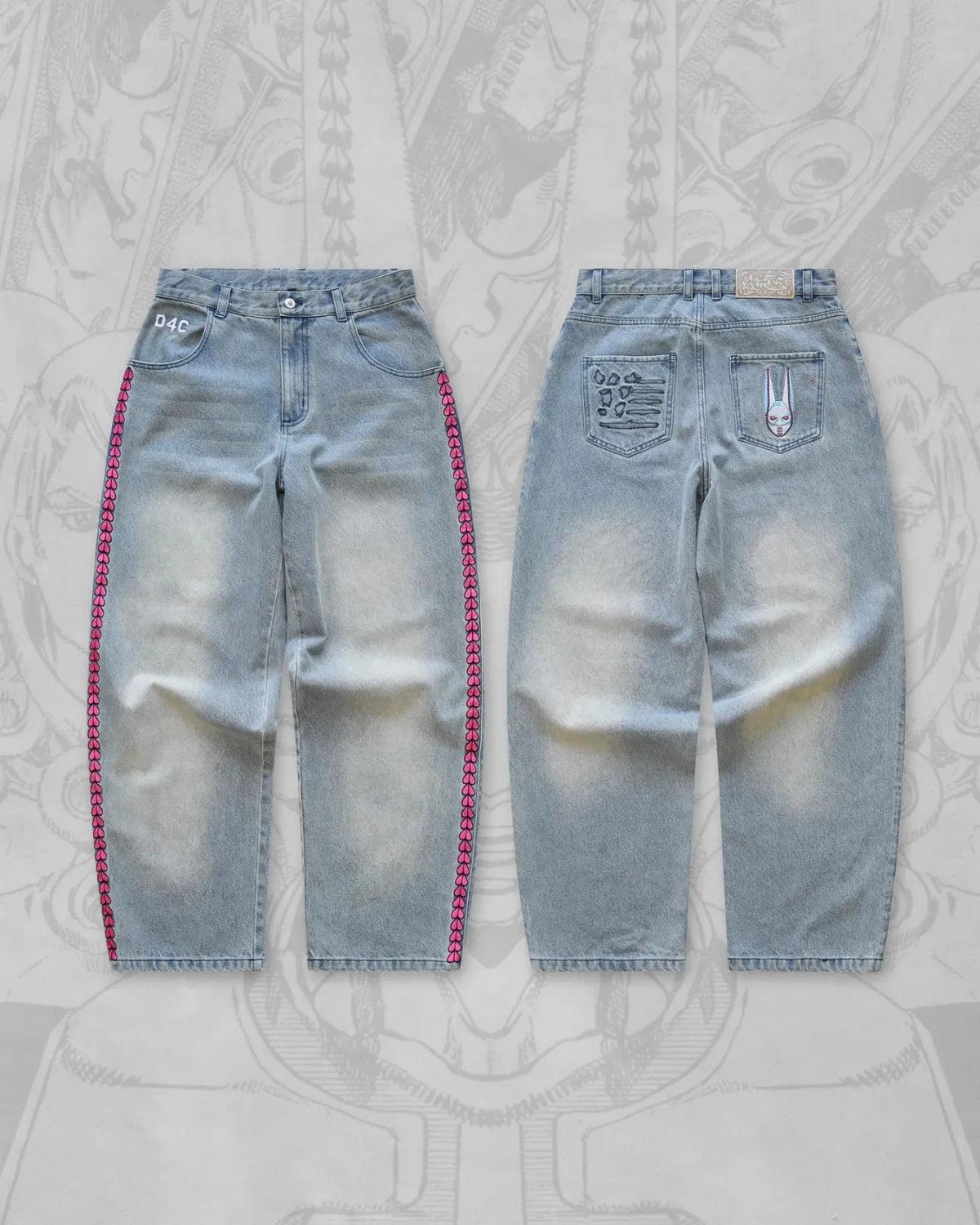 Y2K Men D4C JoJo High Waist Baggy Jeans Women Pink Heart Side Embroidery Loose Fit Washed Denim Pants Streetwear Wide Leg Pants - Chrissy's Eye