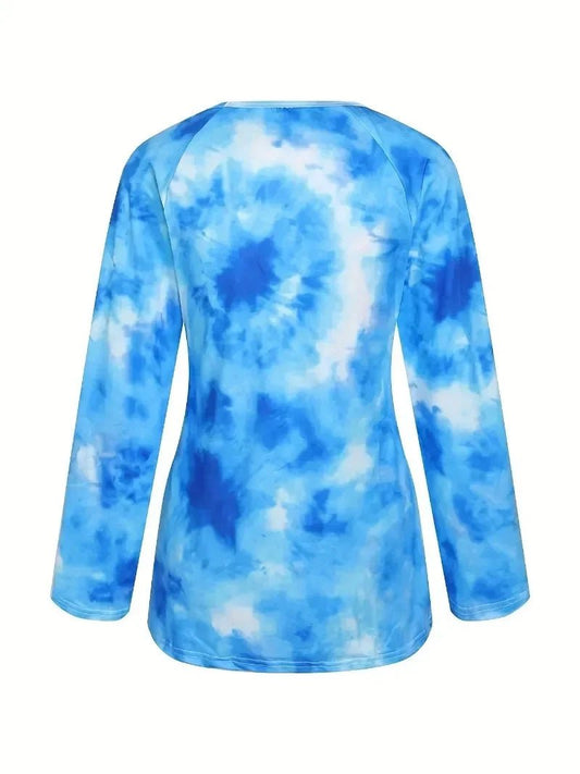 Fashion Women's Plus Size 1XL-5XL New Tie Dye Long Sleeve Strap V-Neck T-shirt Ladies Casual Loose Tops - Chrissy's Eye