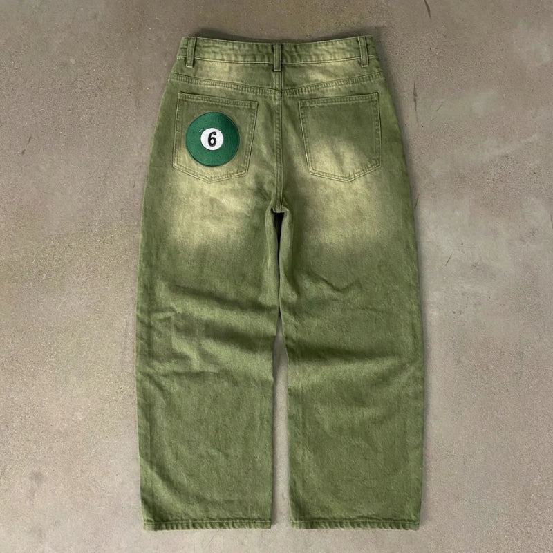 Y2K Street Matcha Denim Jeans Pocket Green 6 Ball Embroidery Denim Pants London High Street Trend Streetwear Unisex Baggy Jeans - Chrissy's Eye