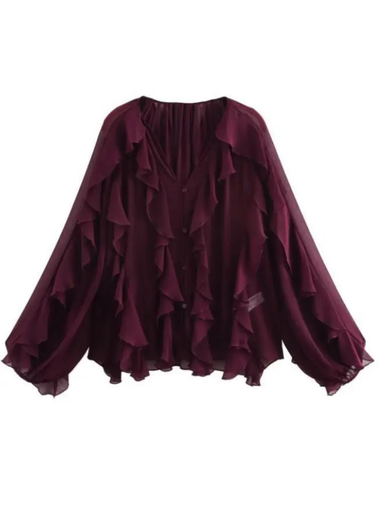 2026 Summer Chic Women's Elegant Loose Long Sleeve Layered Shirts Office Lady Vintage V-neck Translucent Tierred Ruffles Blouses - Chrissy's Eye
