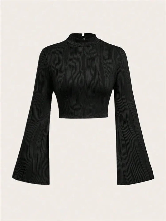Casual Black Mock Neck Flare Long Sleeve Crop Top Women Fall Winter Y2K Clothes Solid Color Slim Fit Tee Shirt Blouse Streetwear - Chrissy's Eye