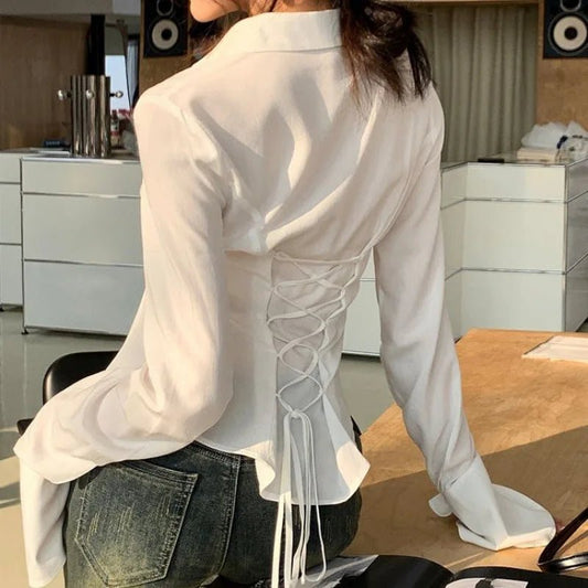Fashion Women Bandage Shirts Korean All Match Streetwear Female Slim Blouse Spring Casual White Bell Sleeve Shirt New - Chrissy's Eye