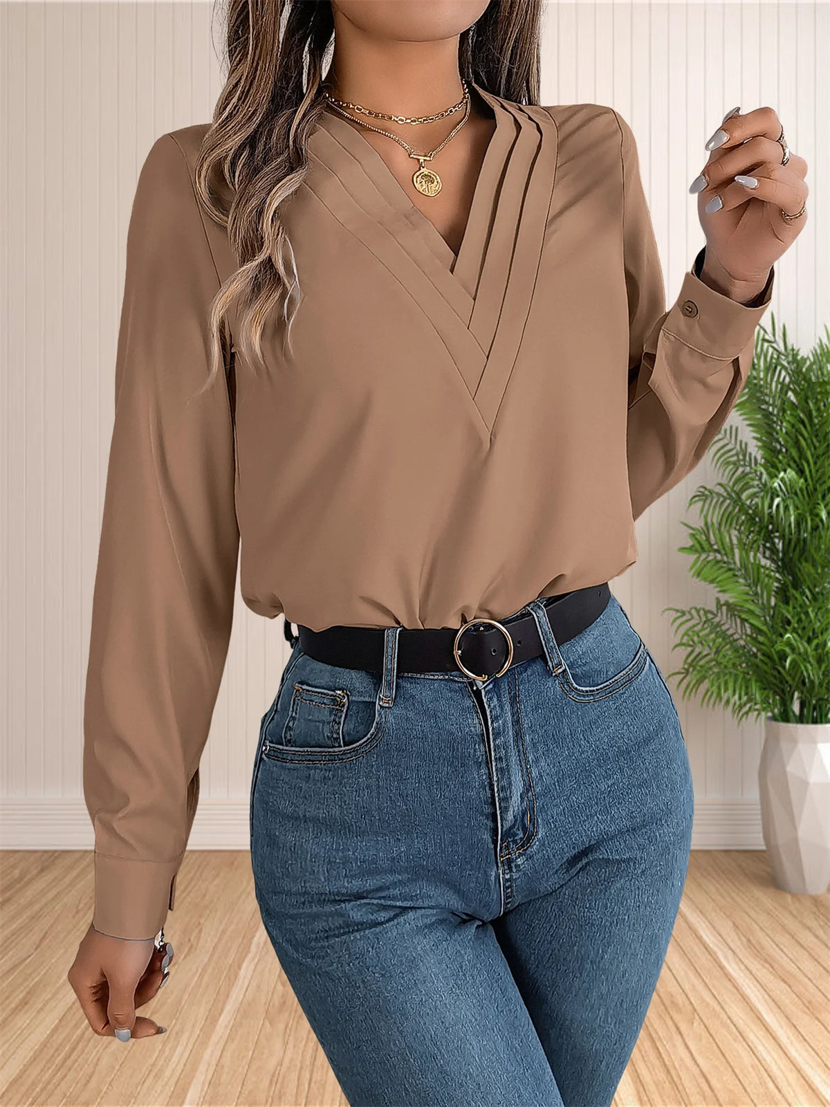 Women's Elegant Business Office Blouse Layered V Neck Long Sleeve Dressy Shirts Work Tops - Chrissy's Eye
