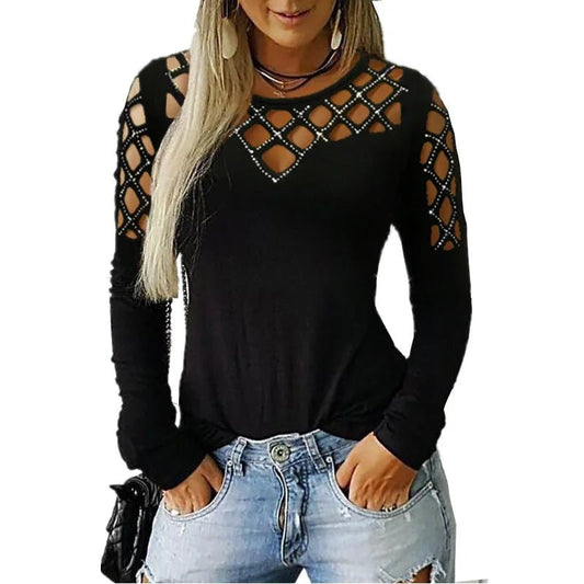 Big Size Women's Hollow Hot Drilling Long Sleeve T-Shirt Tops Women - Chrissy's Eye