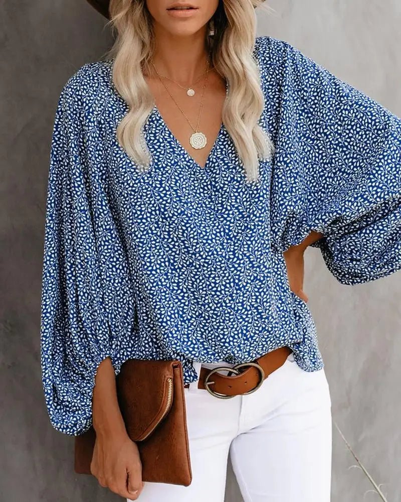 2023 New European and American Cross Boder Spring/Summer/Autumn V-neck Casual Shirt Printed Lantern Sleeve Top Women's W - Chrissy's Eye