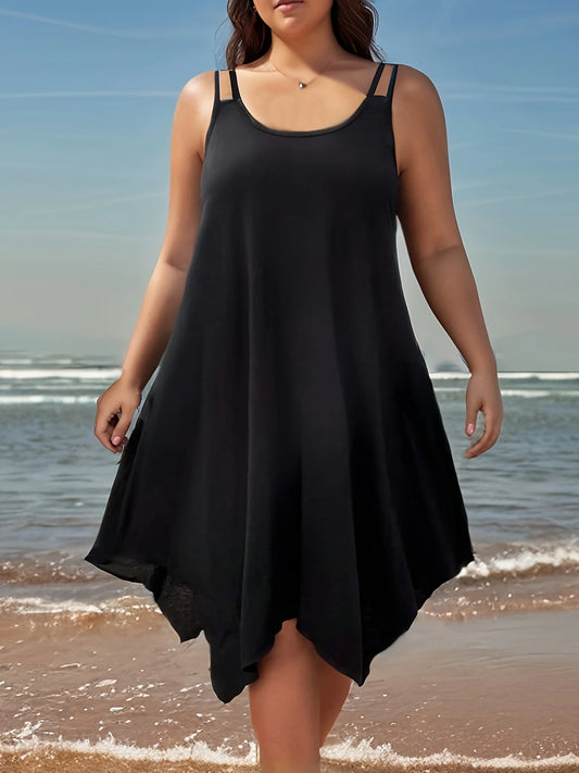Large women's solid color asymmetrical hem camisole dress - Chrissy's Eye