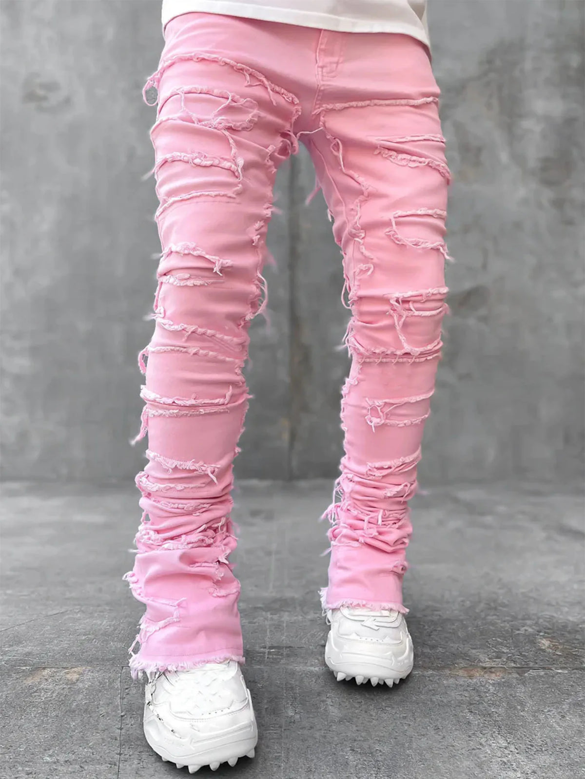 Men's Regular Fit Stacked Jeans Ripped Slim Fit Patch Distressed Destroyed Straight Denim Pants Hip Hop Streetwear Trouser Cloth - Chrissy's Eye