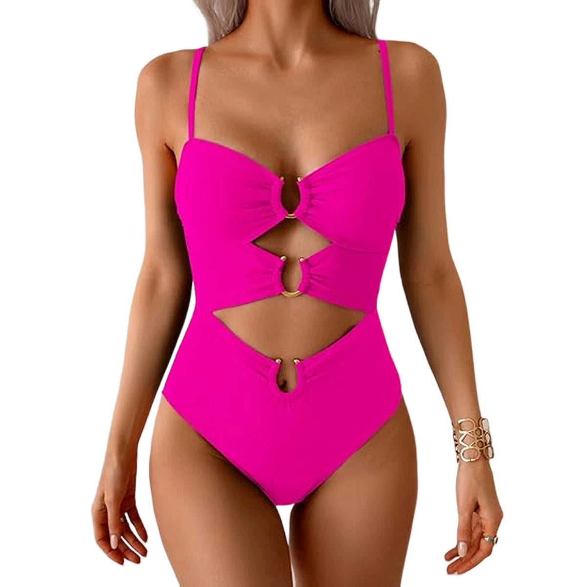 Sexy Cutout Swimsuit Solid Color Summer Spaghetti Strap Color Block Ring Detail One Piece Beach High Cut Bathing Suit - Chrissy's Eye