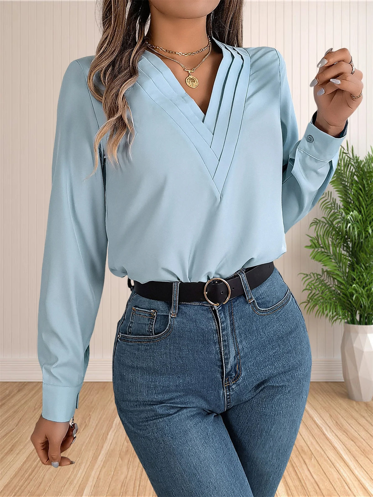 Women's Elegant Business Office Blouse Layered V Neck Long Sleeve Dressy Shirts Work Tops - Chrissy's Eye