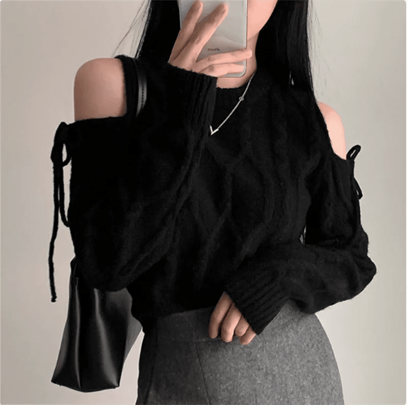 Chic Solid Color Off Shoulder Lace Up Women's Knitted Sweater - Chrissy's Eye