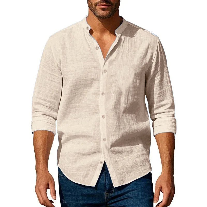 Cotton Linen Shirt for Men Henley Neck Solid Color Lightweight Breathable Slim Fit Single Breasted Shirt Long Sleeve Button Up - Chrissy's Eye