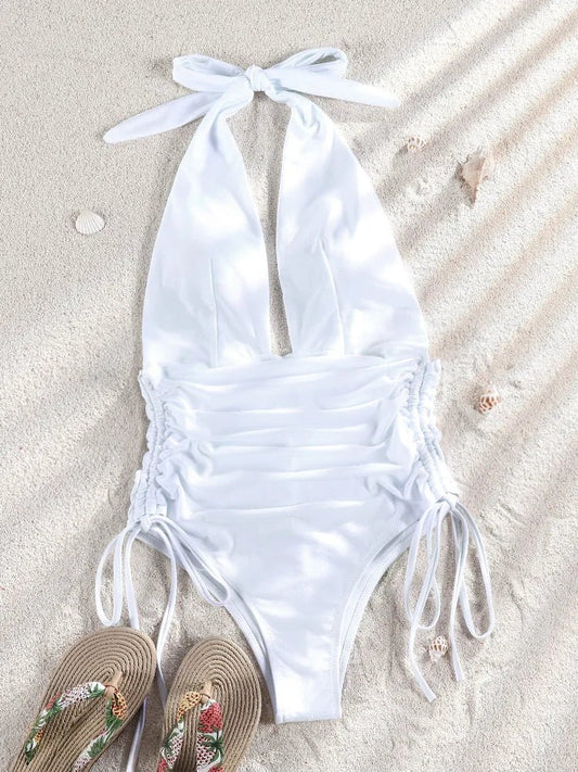 Deep V One Piece Swimsuit Women Halter Swimwear Brazilian Monokini Swimming Suit Beachwear High Cut Bathing Suit Wear - Chrissy's Eye