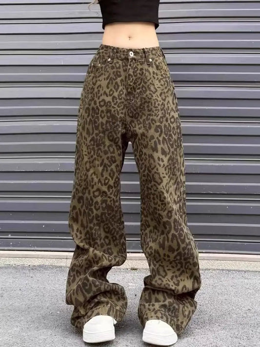 Vintage Fashion Female High Waist Casual Straight Jeans Trousers Autumn Spring Leopard Print Wide Leg Jeans Women Denim Pants - Chrissy's Eye