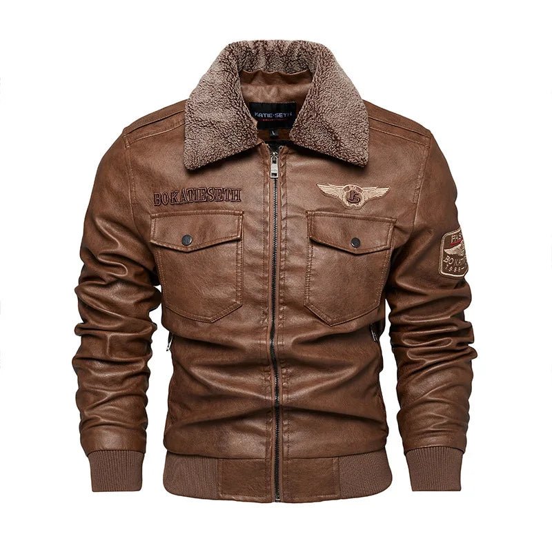 Men's Fleece Fur Collar Windbreaker Coat, Pu Jacket, Thick Warm Cashmere Military Bomber - Chrissy's Eye