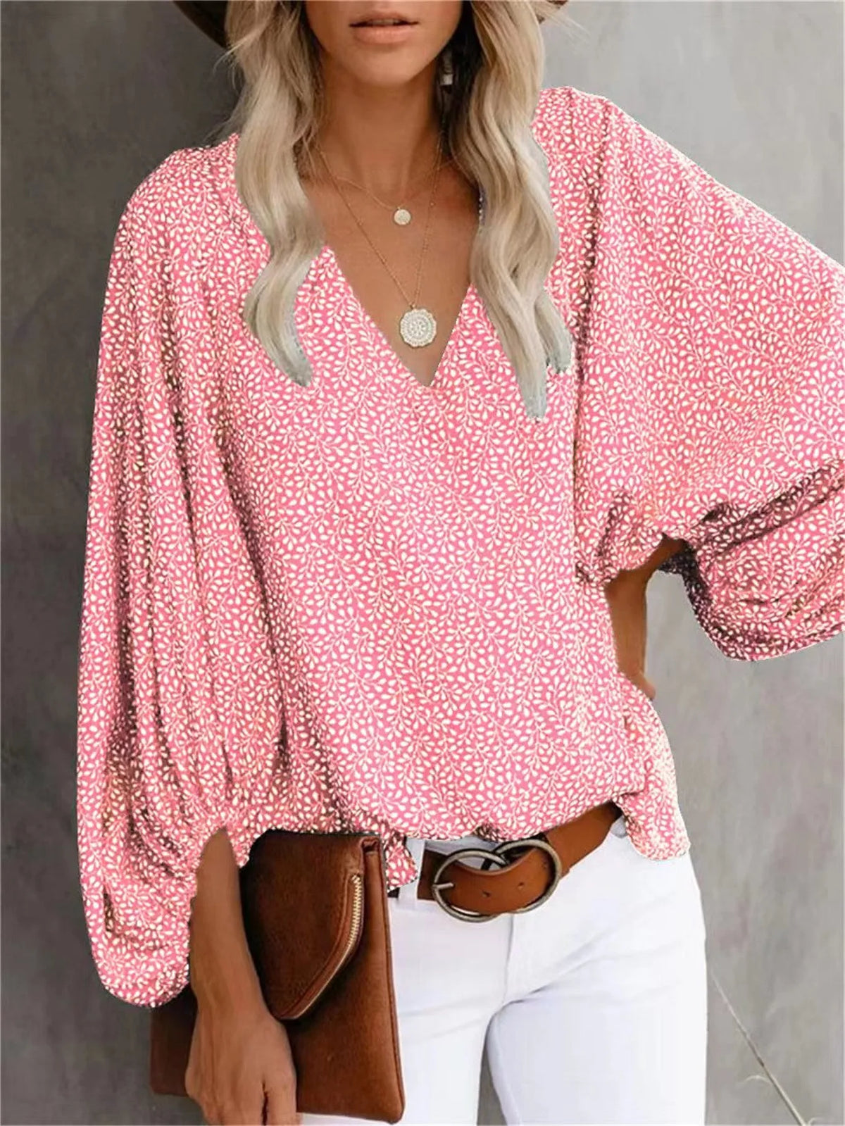 2023 New European and American Cross Boder Spring/Summer/Autumn V-neck Casual Shirt Printed Lantern Sleeve Top Women's W - Chrissy's Eye