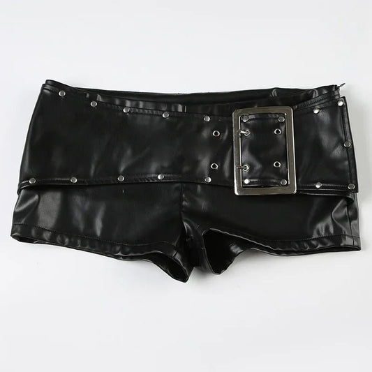 Sexy Rivet Buckle Belt Low Waist Leather Shorts for Women Y2k Spice Girl Punk Style Shorts Autumn New 2025 - Chrissy's Eye