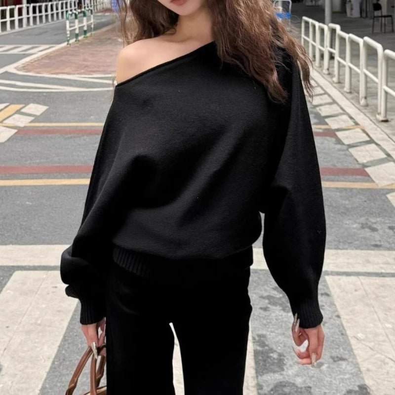 Batwing Long Sleeve Knitted Pullover Women Thick Off Shoulder Sweater - Chrissy's Eye