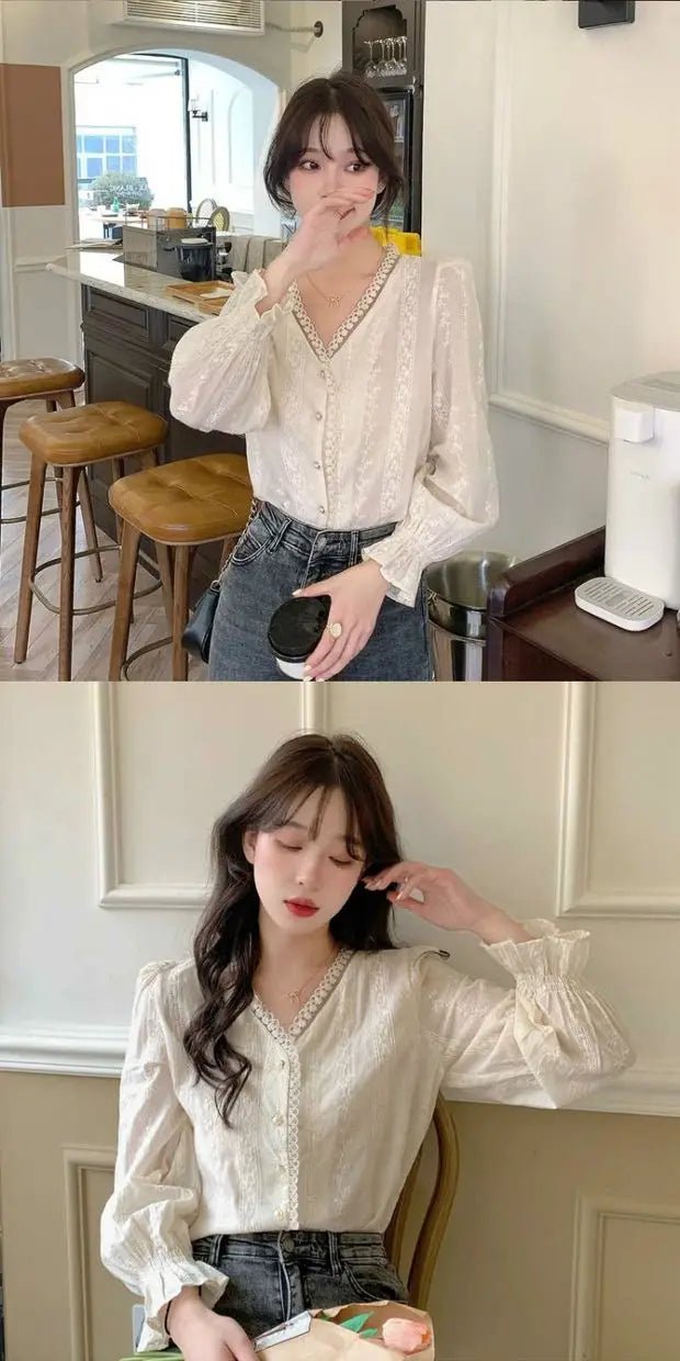 Ele Women's Long Sve Lace irt V-Ne Design Korean Sle Commute Cotton Blend Fabric Pure Color Straight Cut - Chrissy's Eye