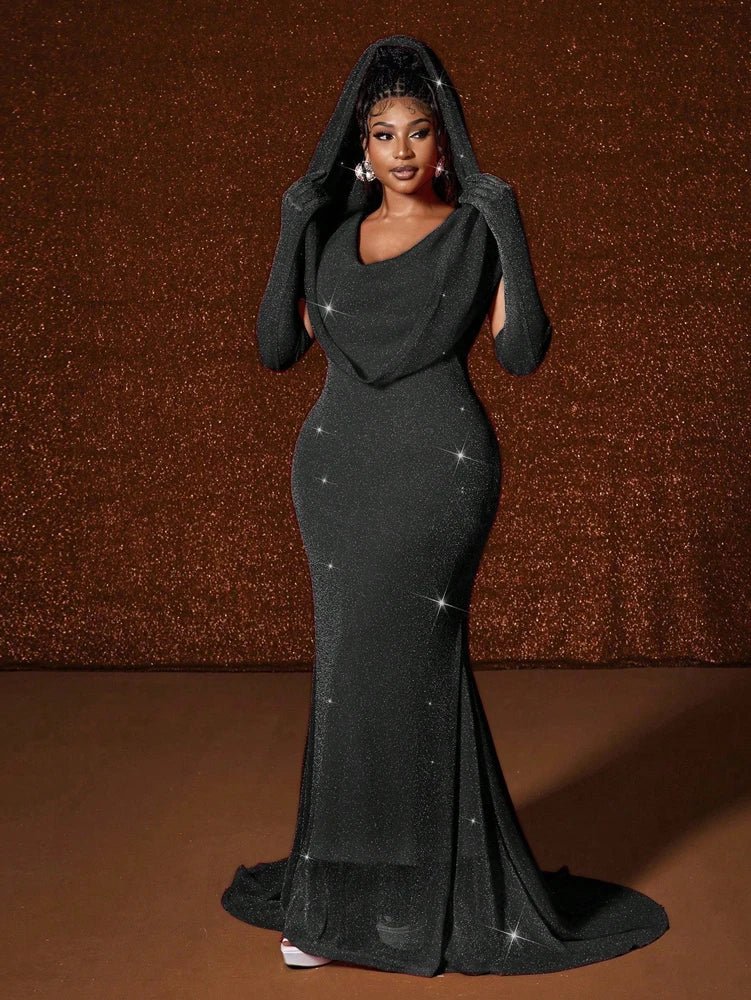 Plus Size Hat Sexy Waistband Hot Gold Fish Tail Swing Long Solid Colour Fishtail Slim Package Hip Dress Hooded - Chrissy's Eye