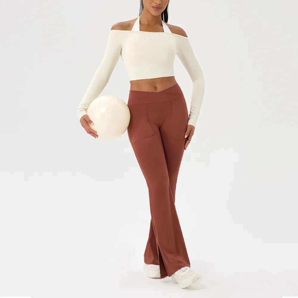 Women Sexy Off Shoulder Yoga Top Long Sleeve Gym Running Top Solid Quick-Dry Sport Workout Shirt - Chrissy's Eye