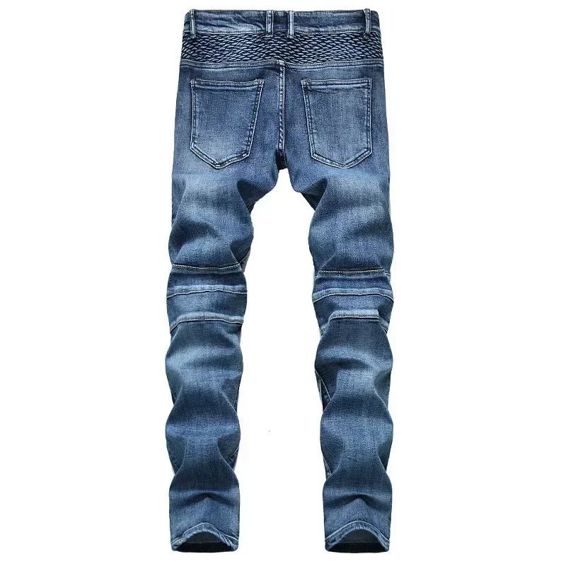Men's New Casual Motorcycle Jeans Hip Hop Street Riding Stretch Slim Fit Straight Pants Patchwork Fashion Denim Trousers Male - Chrissy's Eye