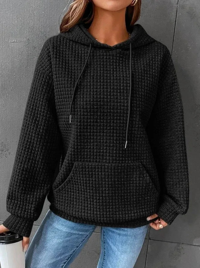 Women's hooded sweatshirt spring and autumn style waffle fashion beautiful solid color hooded drawstring loose sweatshirt - Chrissy's Eye