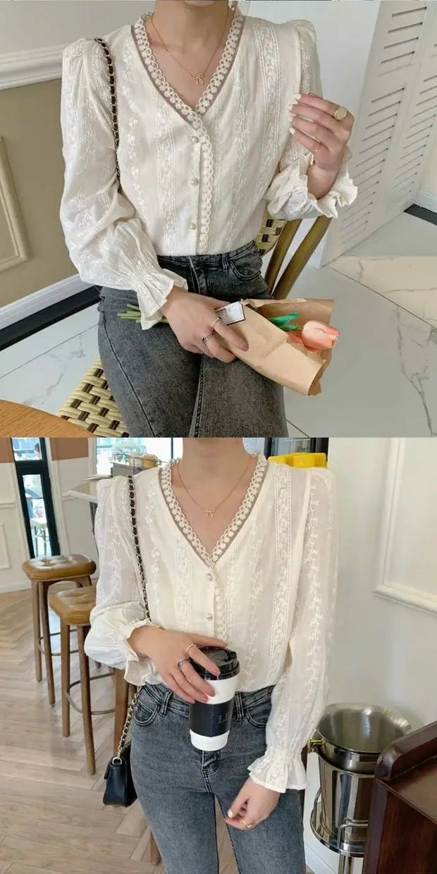 Ele Women's Long Sve Lace irt V-Ne Design Korean Sle Commute Cotton Blend Fabric Pure Color Straight Cut - Chrissy's Eye