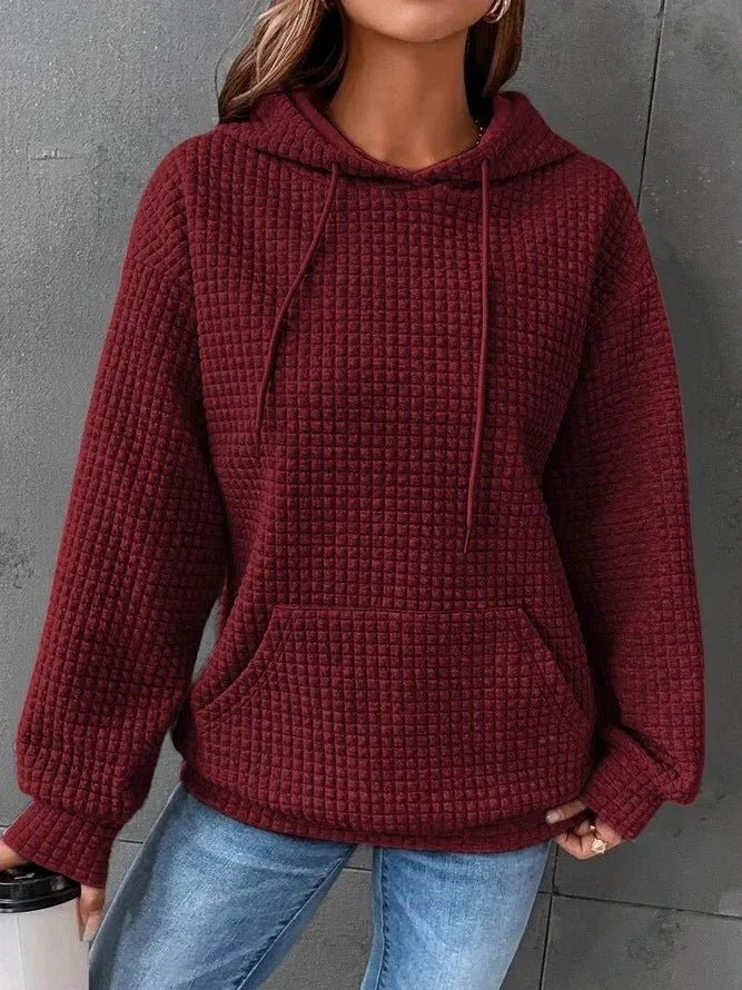 Women's hooded sweatshirt spring and autumn style waffle fashion beautiful solid color hooded drawstring loose sweatshirt - Chrissy's Eye