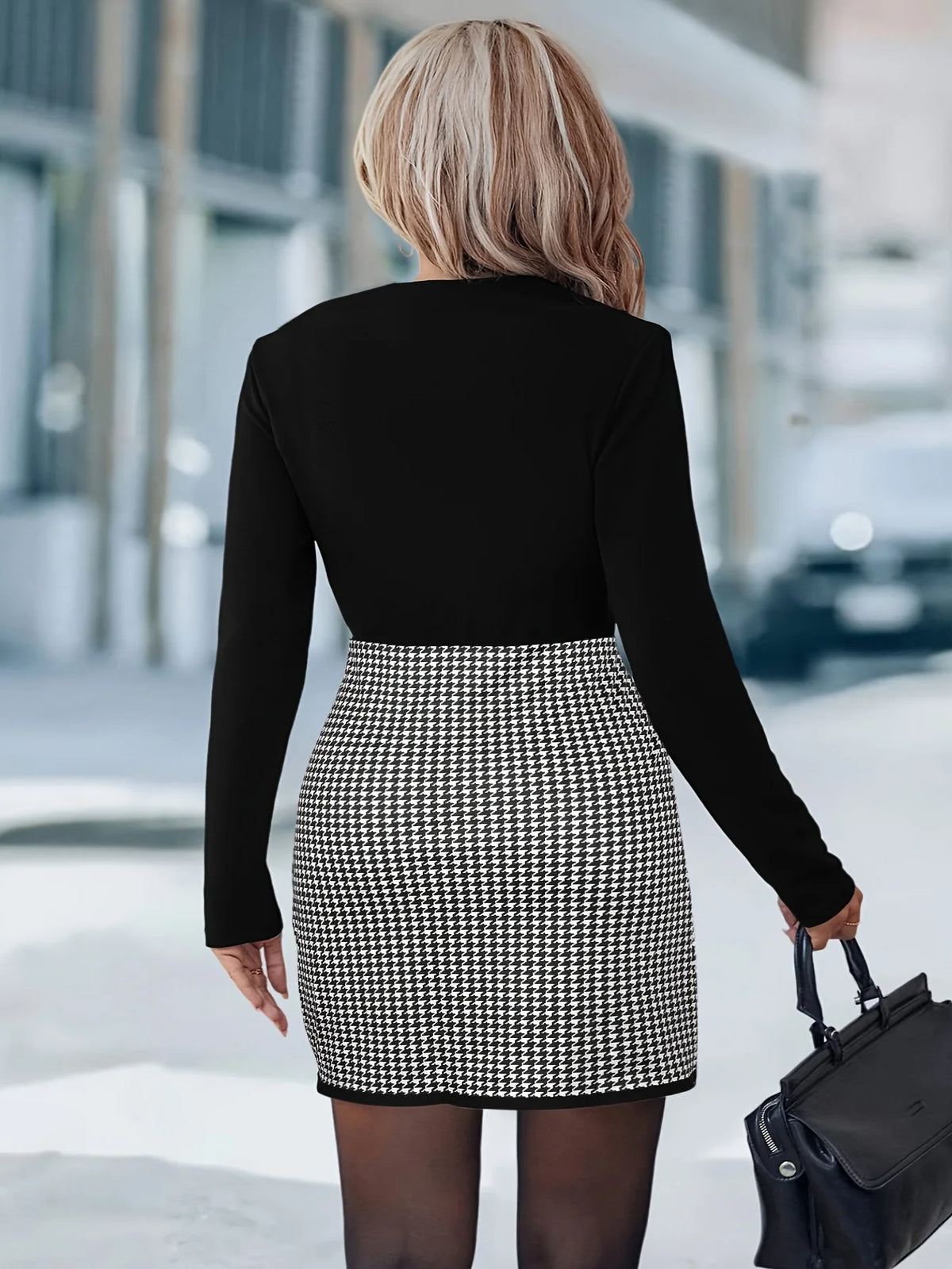 Plus Size Long Sleeve V-Neck Dress for Women Elegant Houndstooth Pattern Stylish and Comfortable Perfect for Office or Evening W - Chrissy's Eye